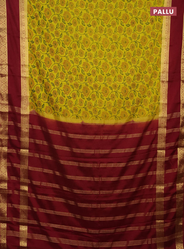 Semi mysore silk saree lime yellow and maroon with allover floral prints and rettapet zari woven border