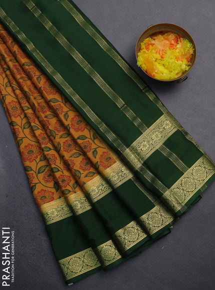 Semi mysore silk saree mustard yellow and green with allover floral prints and rettapet zari woven border