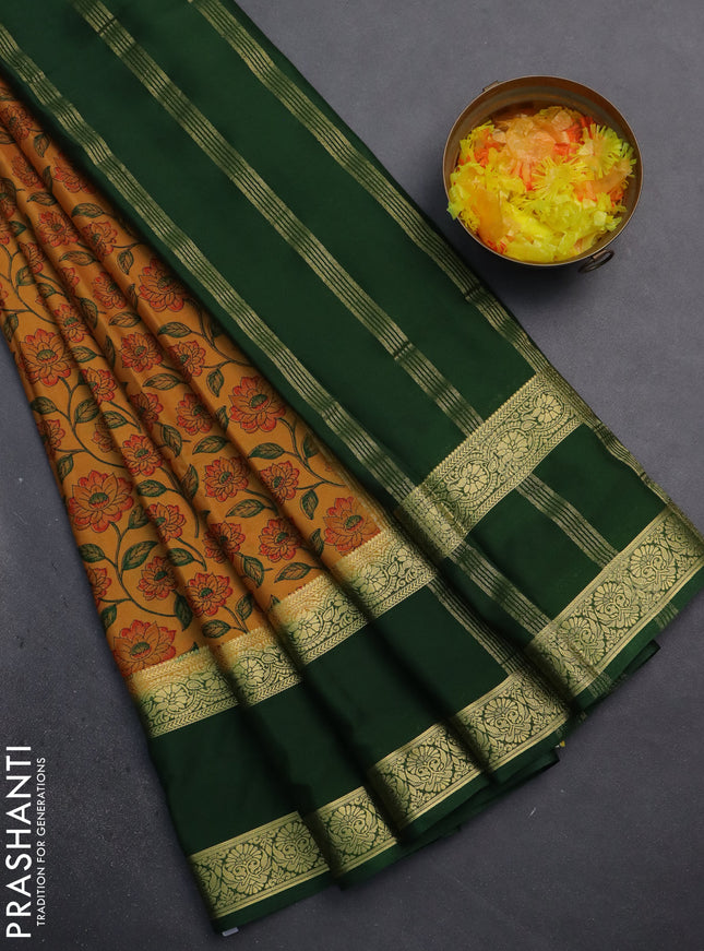 Semi mysore silk saree mustard yellow and green with allover floral prints and rettapet zari woven border