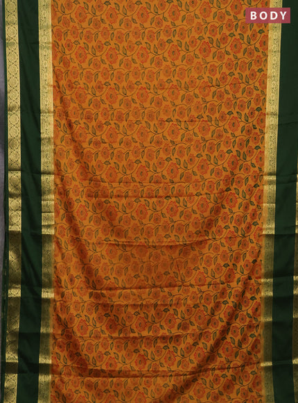 Semi mysore silk saree mustard yellow and green with allover floral prints and rettapet zari woven border