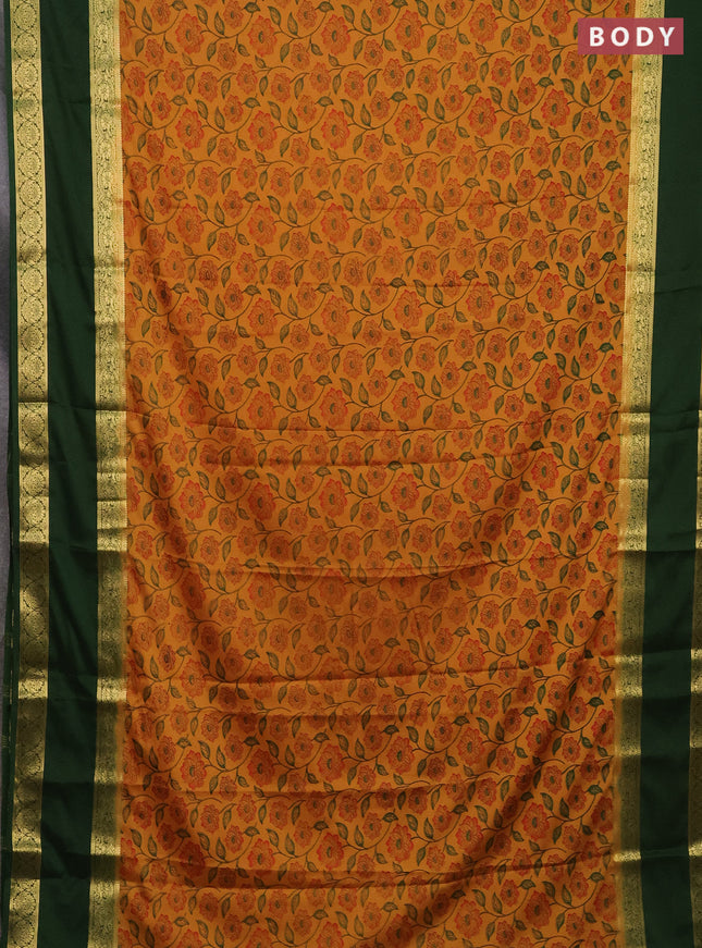 Semi mysore silk saree mustard yellow and green with allover floral prints and rettapet zari woven border