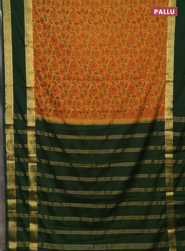 Semi mysore silk saree mustard yellow and green with allover floral prints and rettapet zari woven border