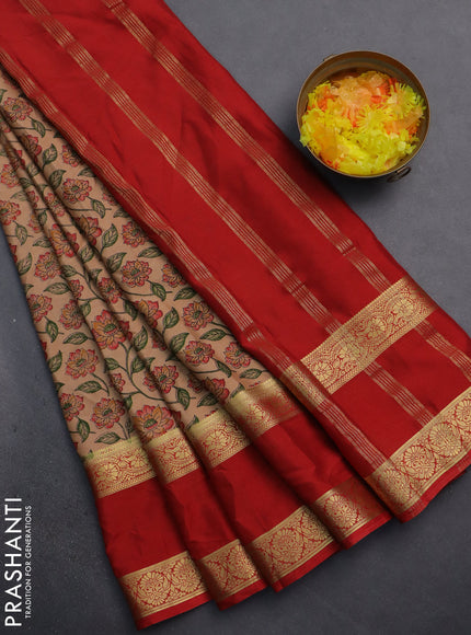 Semi mysore silk saree sandal and red with allover floral prints and rettapet zari woven border