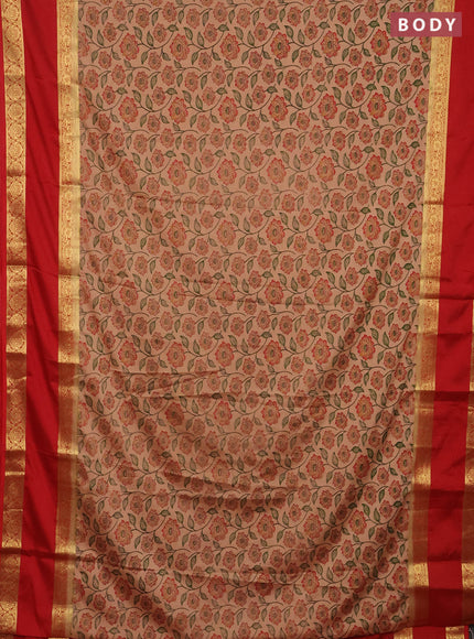 Semi mysore silk saree sandal and red with allover floral prints and rettapet zari woven border