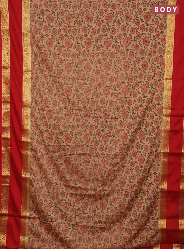 Semi mysore silk saree sandal and red with allover floral prints and rettapet zari woven border