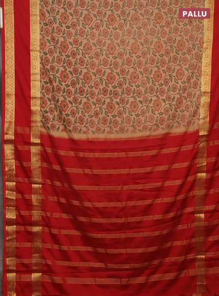Semi mysore silk saree sandal and red with allover floral prints and rettapet zari woven border