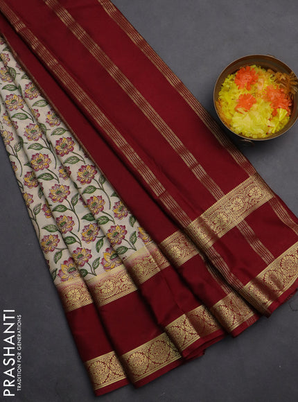 Semi mysore silk saree cream and maroon with allover floral prints and rettapet zari woven border
