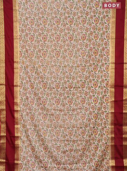 Semi mysore silk saree cream and maroon with allover floral prints and rettapet zari woven border