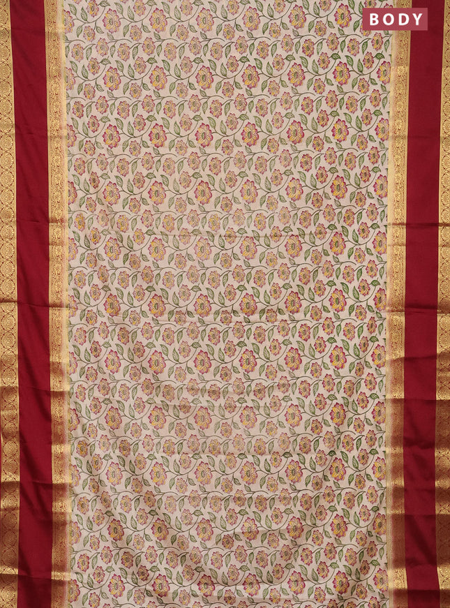 Semi mysore silk saree cream and maroon with allover floral prints and rettapet zari woven border