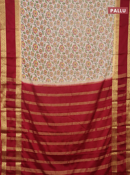 Semi mysore silk saree cream and maroon with allover floral prints and rettapet zari woven border