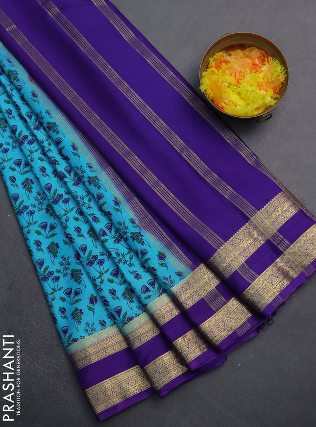 Semi mysore silk saree light blue and violet with allover prints and rettapet zari woven border