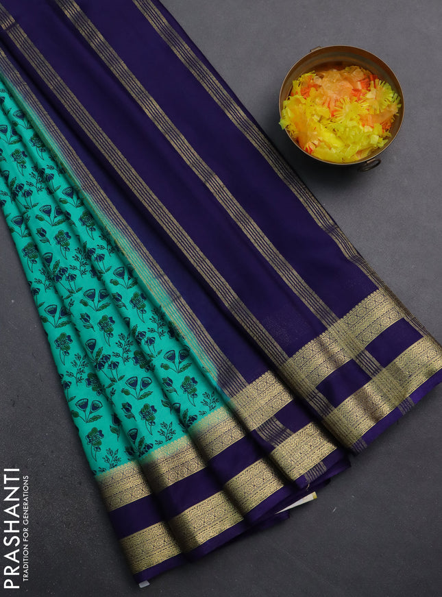 Semi mysore silk saree teal green and navy blue with allover prints and rettapet zari woven border