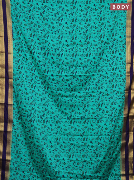 Semi mysore silk saree teal green and navy blue with allover prints and rettapet zari woven border