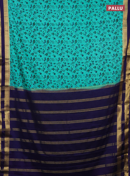 Semi mysore silk saree teal green and navy blue with allover prints and rettapet zari woven border