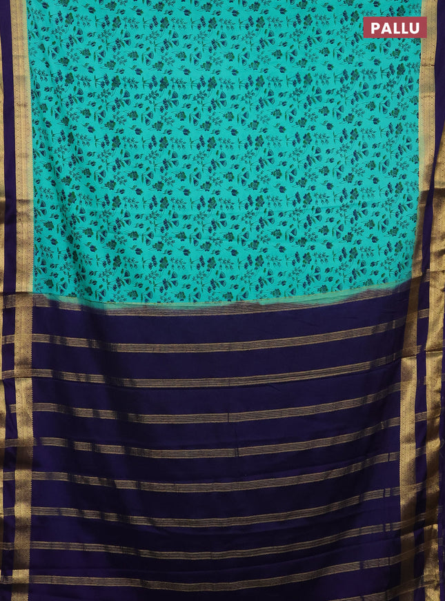 Semi mysore silk saree teal green and navy blue with allover prints and rettapet zari woven border