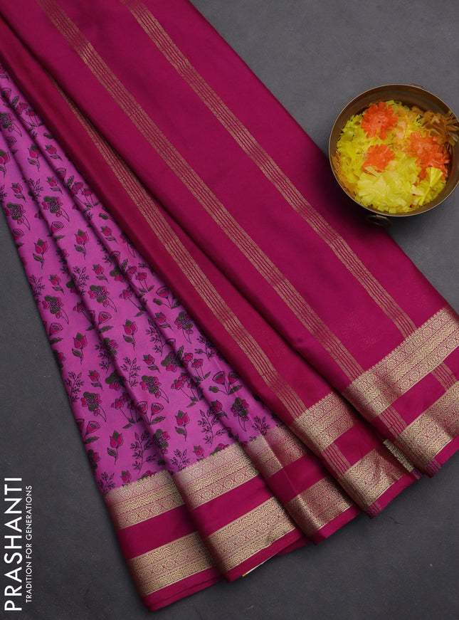 Semi mysore silk saree light pink and pink with allover prints and rettapet zari woven border