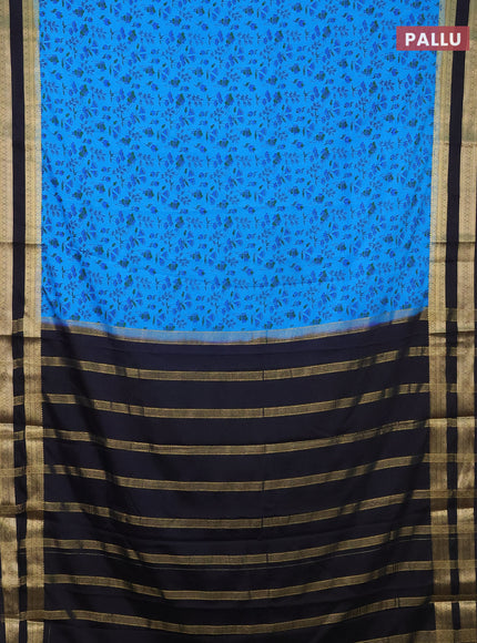 Semi mysore silk saree blue and black with allover prints and rettapet zari woven border