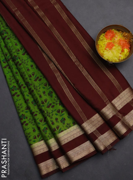 Semi mysore silk saree light green and deep maroon with allover prints and rettapet zari woven border