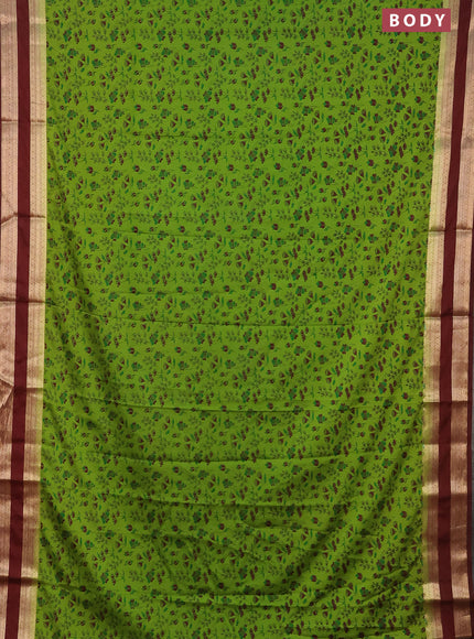 Semi mysore silk saree light green and deep maroon with allover prints and rettapet zari woven border
