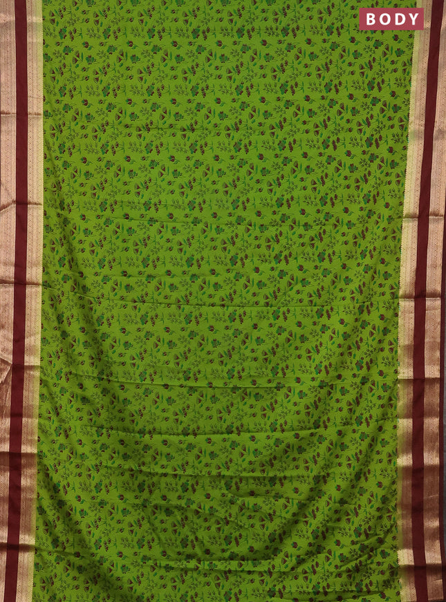 Semi mysore silk saree light green and deep maroon with allover prints and rettapet zari woven border