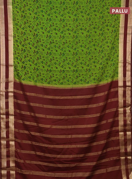 Semi mysore silk saree light green and deep maroon with allover prints and rettapet zari woven border