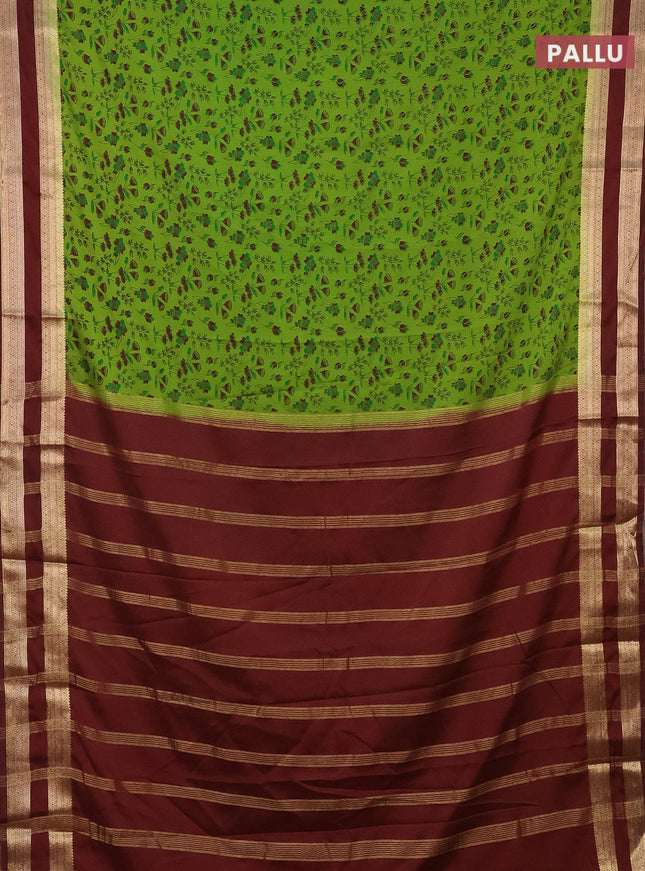 Semi mysore silk saree light green and deep maroon with allover prints and rettapet zari woven border