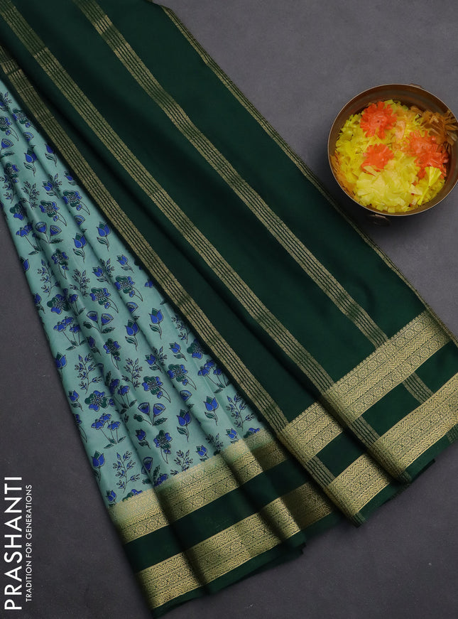 Semi mysore silk saree pastel blue shade and bottle green with allover prints and rettapet zari woven border