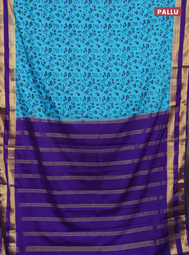 Semi mysore silk saree light blue and violet with allover prints and rettapet zari woven border