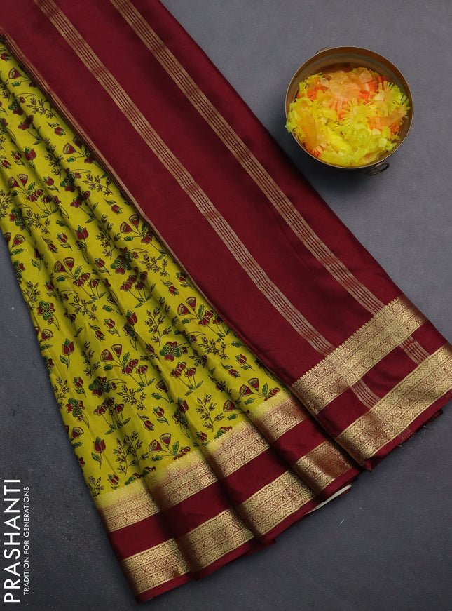 Semi mysore silk saree lime yellow and maroon with allover prints and rettapet zari woven border