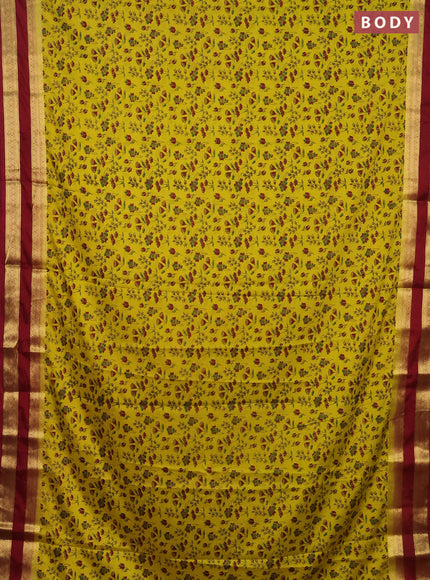 Semi mysore silk saree lime yellow and maroon with allover prints and rettapet zari woven border