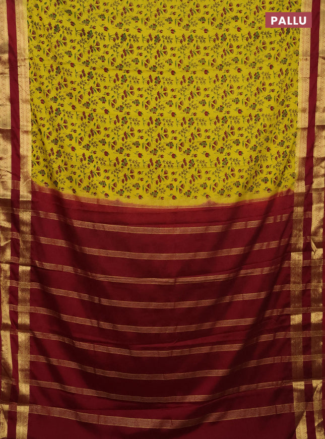 Semi mysore silk saree lime yellow and maroon with allover prints and rettapet zari woven border