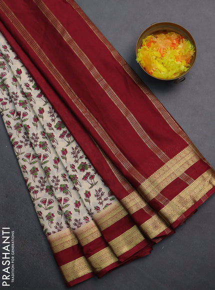 Semi mysore silk saree cream and maroon with allover prints and rettapet zari woven border