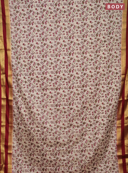 Semi mysore silk saree cream and maroon with allover prints and rettapet zari woven border