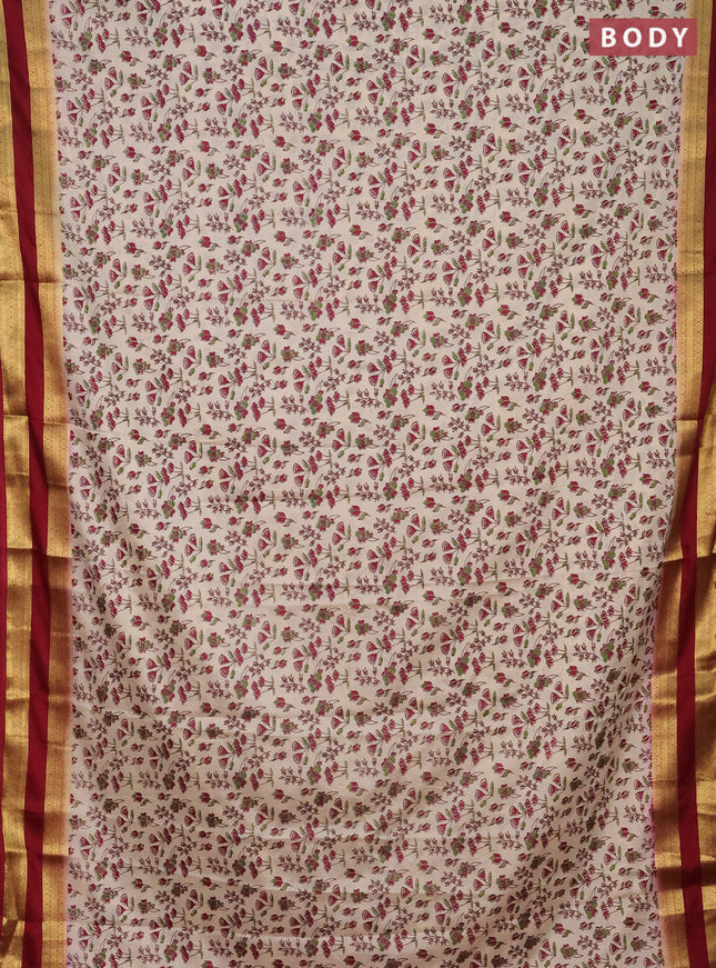 Semi mysore silk saree cream and maroon with allover prints and rettapet zari woven border