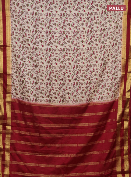Semi mysore silk saree cream and maroon with allover prints and rettapet zari woven border
