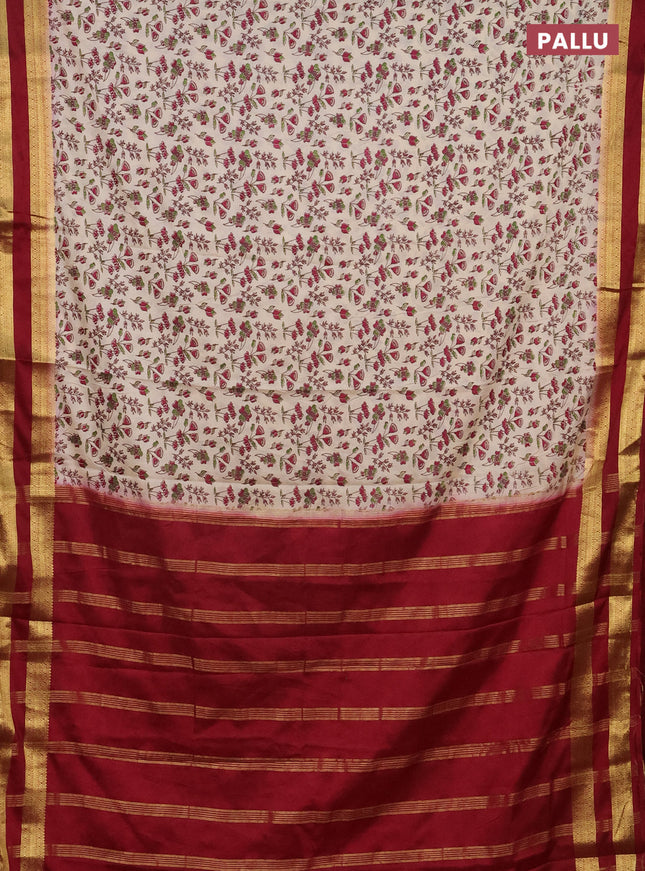 Semi mysore silk saree cream and maroon with allover prints and rettapet zari woven border