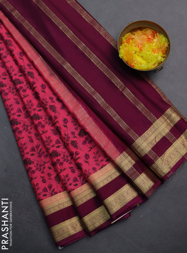 Semi mysore silk saree pink and deep purple with allover prints and rettapet zari woven border