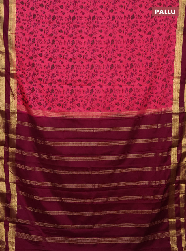 Semi mysore silk saree pink and deep purple with allover prints and rettapet zari woven border