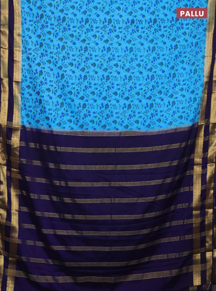 Semi mysore silk saree light blue and navy blue with allover prints and rettapet zari woven border