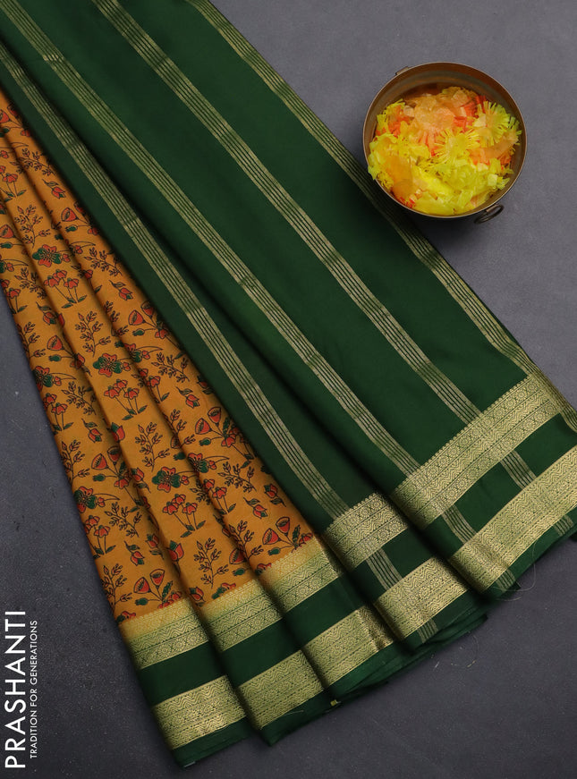 Semi mysore silk saree mustard yellow and green with allover prints and rettapet zari woven border