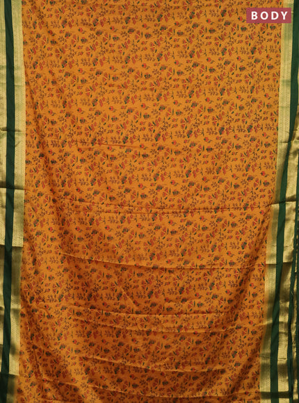 Semi mysore silk saree mustard yellow and green with allover prints and rettapet zari woven border