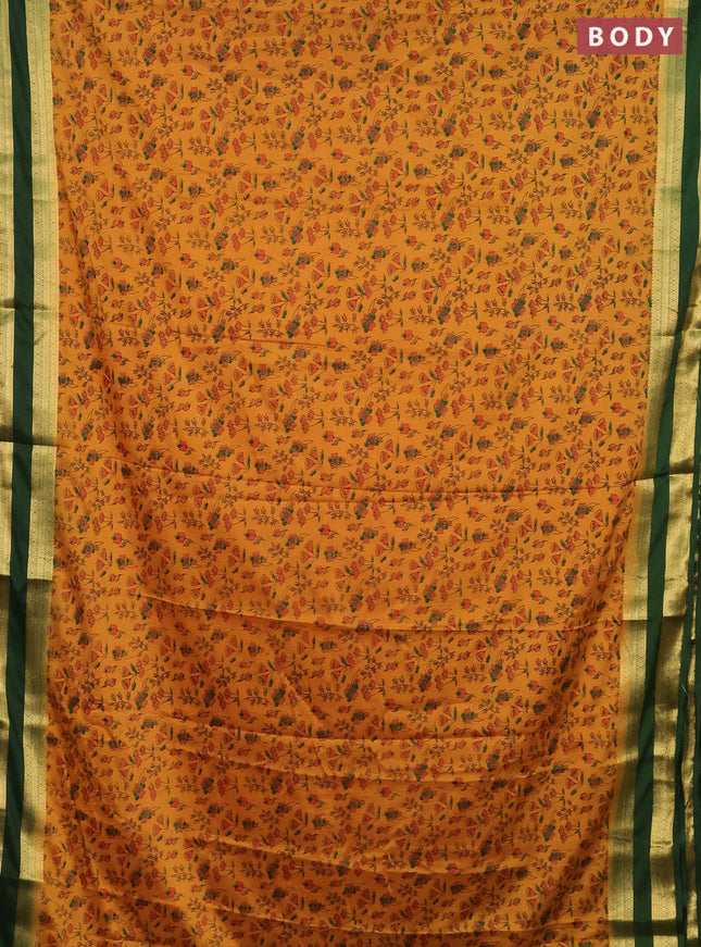 Semi mysore silk saree mustard yellow and green with allover prints and rettapet zari woven border