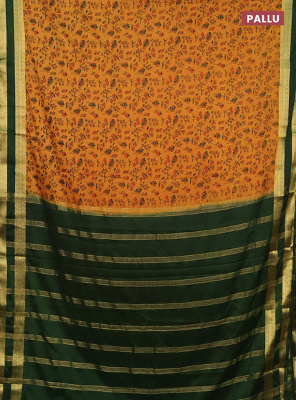 Semi mysore silk saree mustard yellow and green with allover prints and rettapet zari woven border