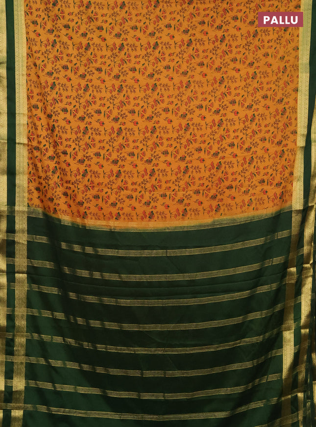 Semi mysore silk saree mustard yellow and green with allover prints and rettapet zari woven border