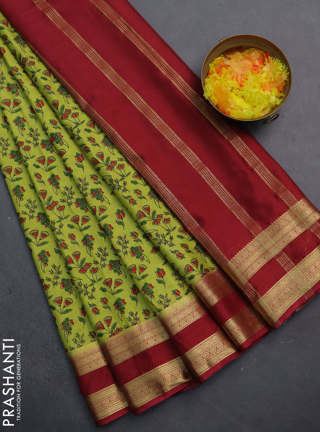 Semi mysore silk saree lime green and maroon with allover prints and rettapet zari woven border