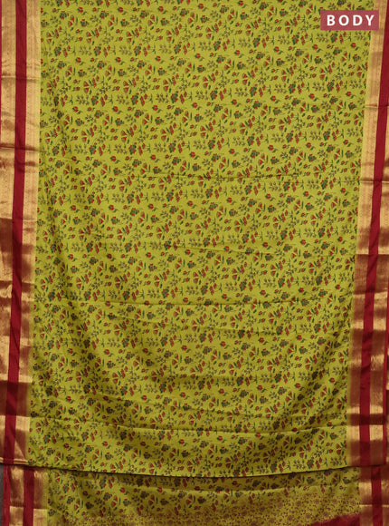 Semi mysore silk saree lime green and maroon with allover prints and rettapet zari woven border