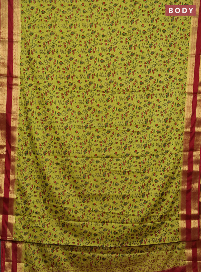 Semi mysore silk saree lime green and maroon with allover prints and rettapet zari woven border