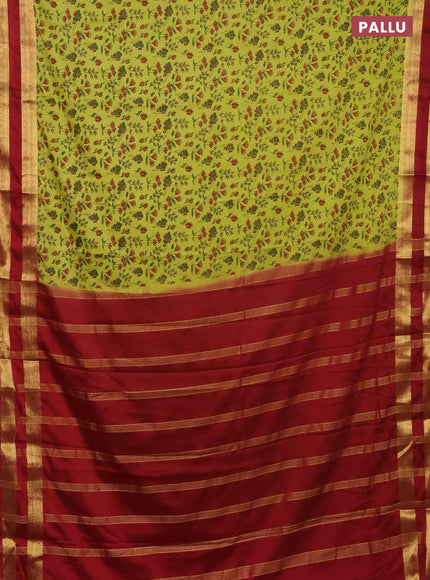 Semi mysore silk saree lime green and maroon with allover prints and rettapet zari woven border