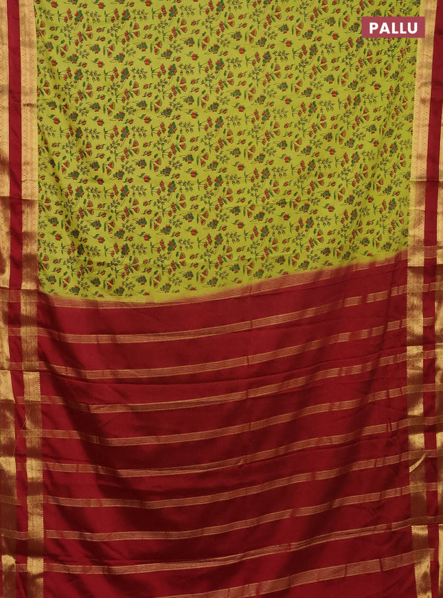 Semi mysore silk saree lime green and maroon with allover prints and rettapet zari woven border