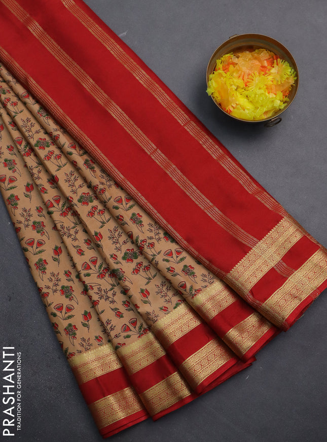 Semi mysore silk saree sandal and red with allover prints and rettapet zari woven border